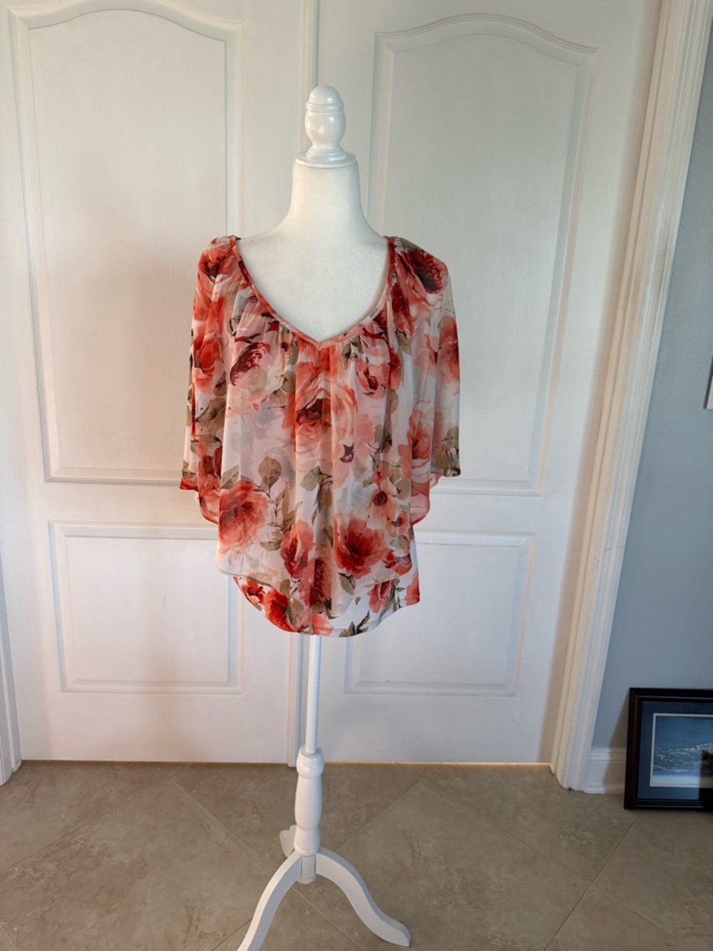 Floral V-Neck Flutter Sleeve Blouse - Pink/Coral